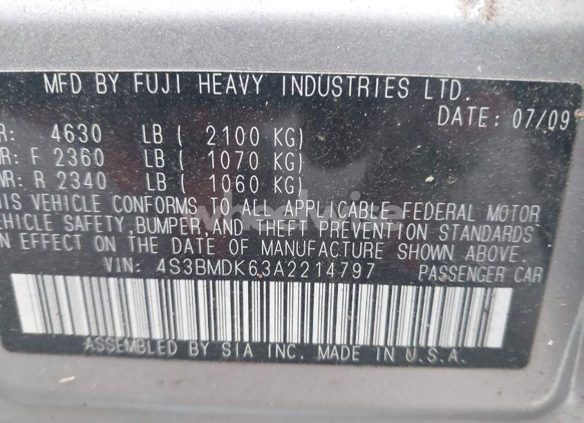 Photo 9 of 2010 Subaru Legacy 3.6R LIMITED (VIN 4S3BMDK63A2214797)