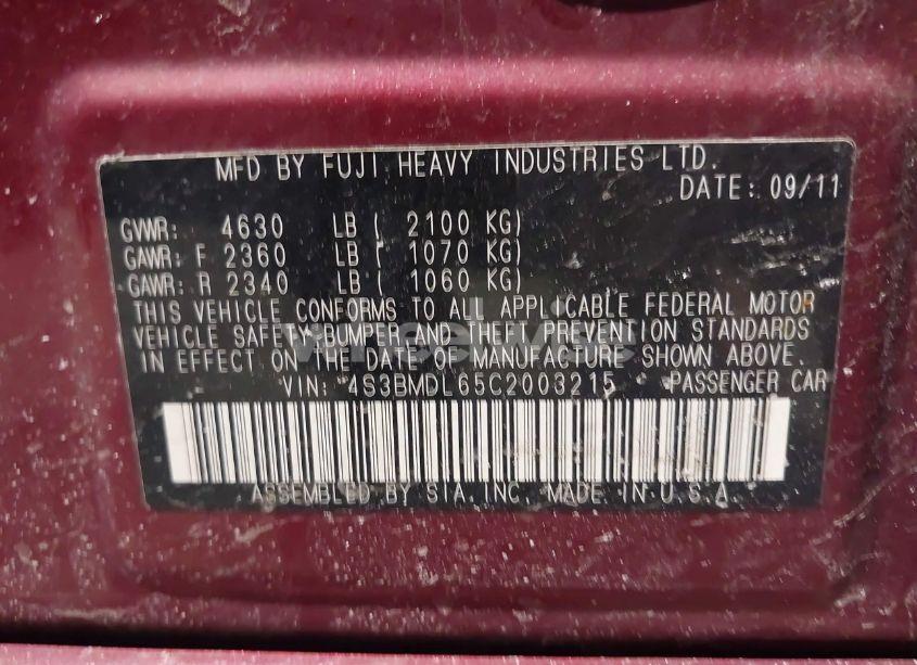 Photo 9 of 2012 Subaru Legacy 3.6R LIMITED (VIN 4S3BMDL65C2003215)