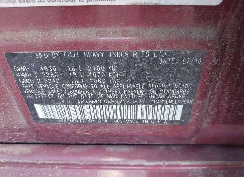 Photo 9 of 2011 Subaru Legacy 3.6R LIMITED (VIN 4S3BMDL68B2217081)