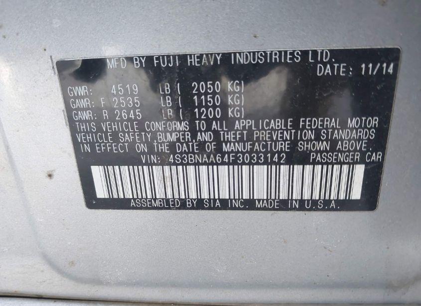 Photo 9 of 2015 Subaru Legacy 2.5I (VIN 4S3BNAA64F3033142)