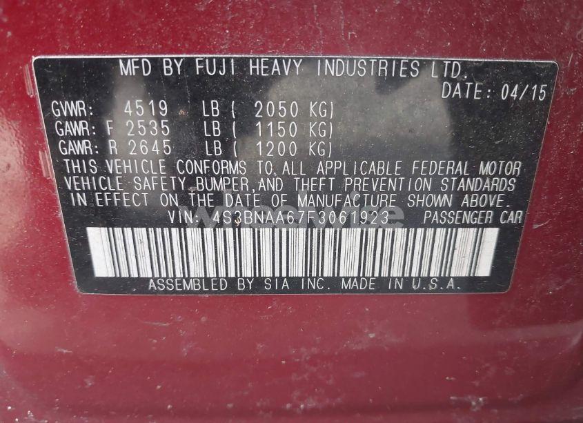 Photo 9 of 2015 Subaru Legacy 2.5I (VIN 4S3BNAA67F3061923)