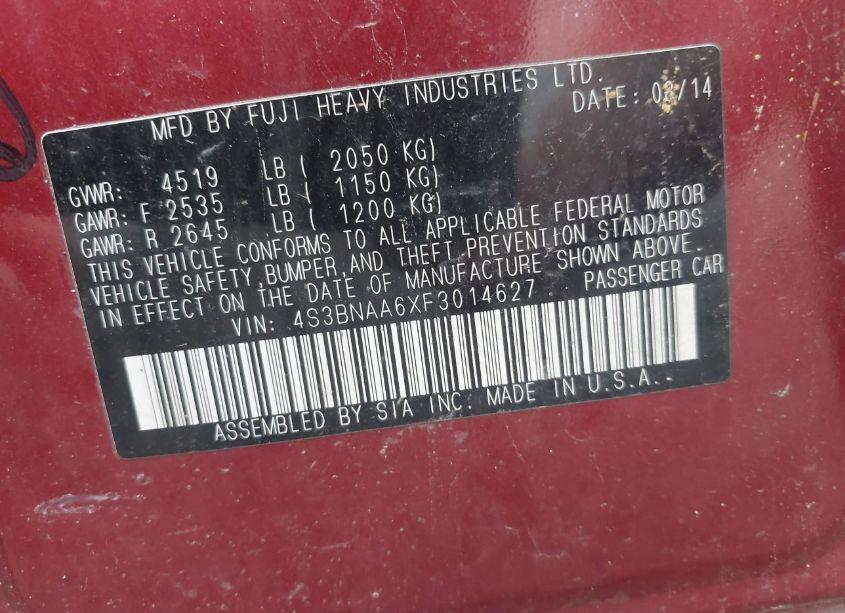 Photo 9 of 2015 Subaru Legacy 2.5I (VIN 4S3BNAA6XF3014627)