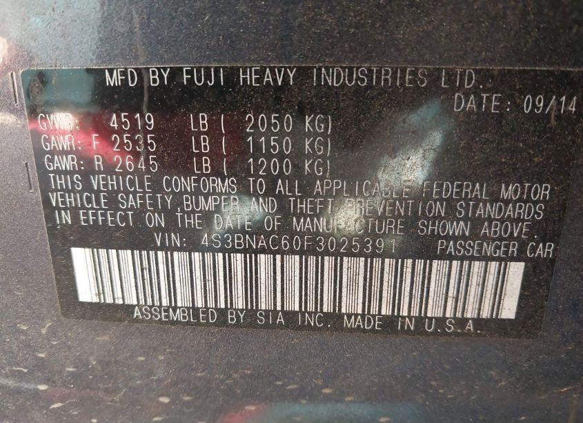 Photo 9 of 2015 Subaru Legacy 2.5I PREMIUM (VIN 4S3BNAC60F3025391)