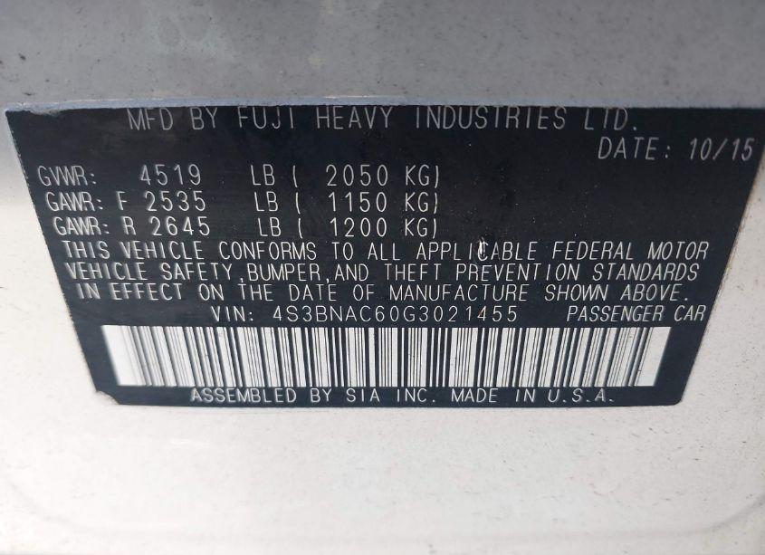 Photo 9 of 2016 Subaru Legacy 2.5I PREMIUM (VIN 4S3BNAC60G3021455)