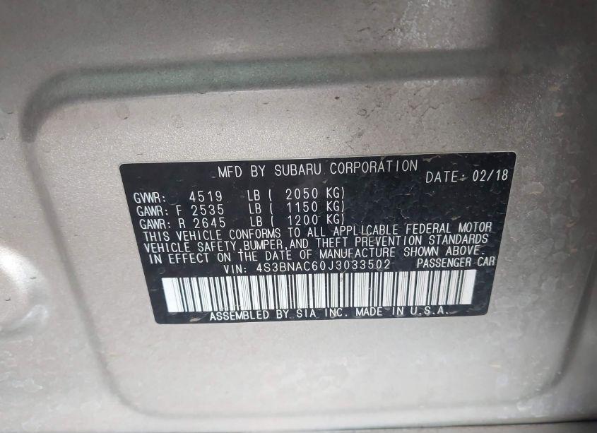 Photo 9 of 2018 Subaru Legacy 2.5I PREMIUM (VIN 4S3BNAC60J3033502)