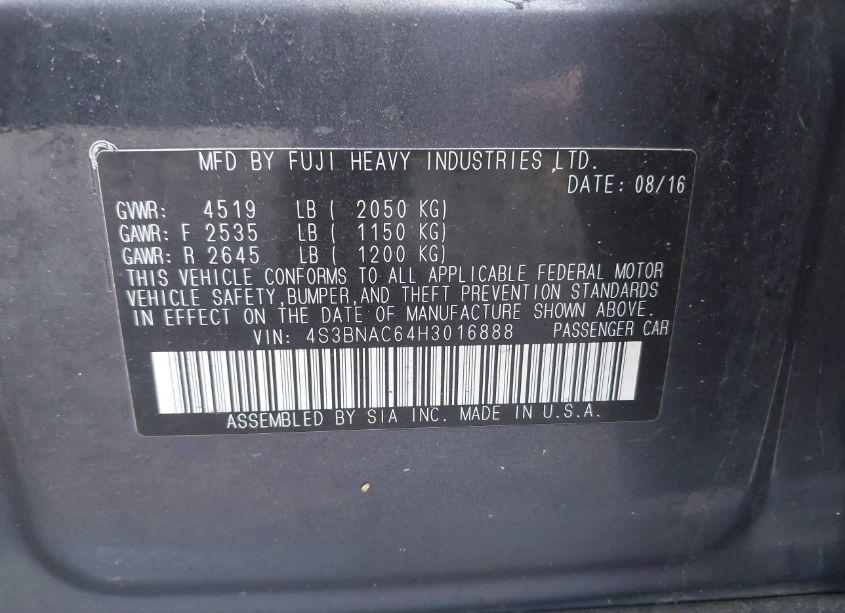 Photo 9 of 2017 Subaru Legacy 2.5I PREMIUM (VIN 4S3BNAC64H3016888)