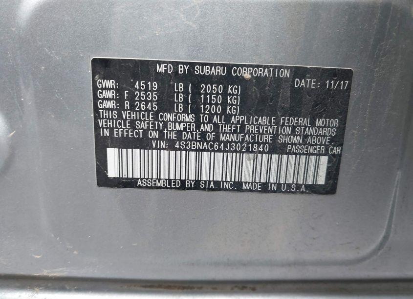 Photo 9 of 2018 Subaru Legacy 2.5I PREMIUM (VIN 4S3BNAC64J3021840)