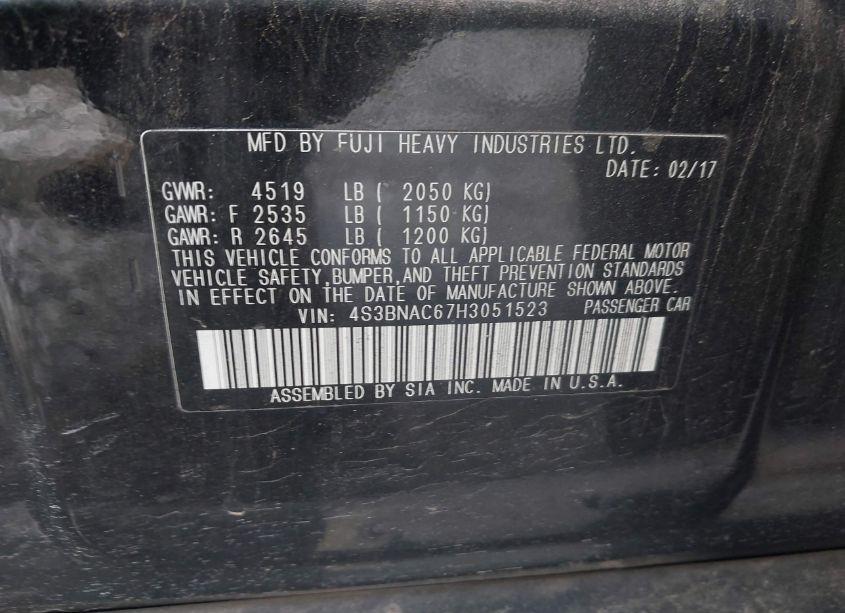 Photo 9 of 2017 Subaru Legacy 2.5I PREMIUM (VIN 4S3BNAC67H3051523)