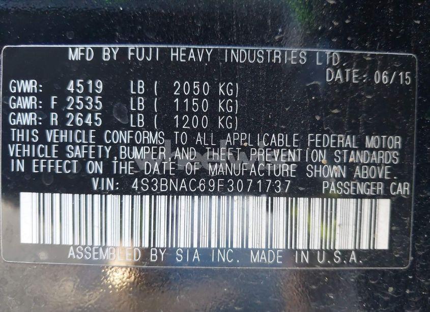 Photo 9 of 2015 Subaru Legacy 2.5I PREMIUM (VIN 4S3BNAC69F3071737)