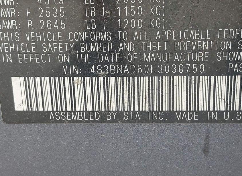 Photo 9 of 2015 Subaru Legacy 2.5I PREMIUM (VIN 4S3BNAD60F3036759)