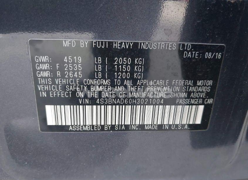 Photo 9 of 2017 Subaru Legacy 2.5I PREMIUM (VIN 4S3BNAD60H3021004)