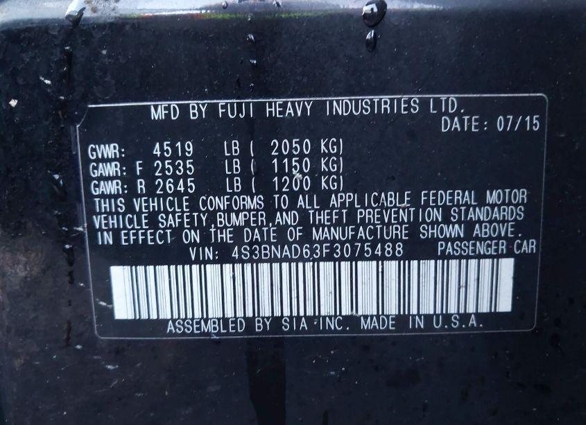 Photo 9 of 2015 Subaru Legacy 2.5I PREMIUM (VIN 4S3BNAD63F3075488)