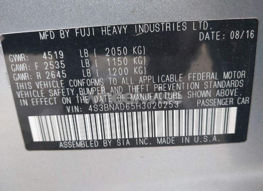 Photo 9 of 2017 Subaru Legacy 2.5I PREMIUM (VIN 4S3BNAD65H3020253)