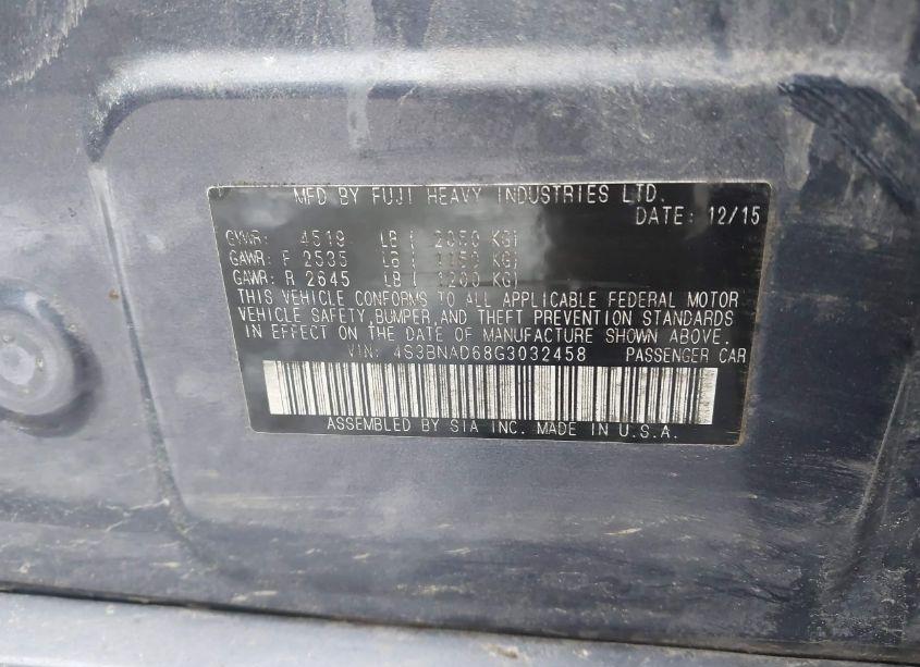 Photo 9 of 2016 Subaru Legacy 2.5I PREMIUM (VIN 4S3BNAD68G3032458)