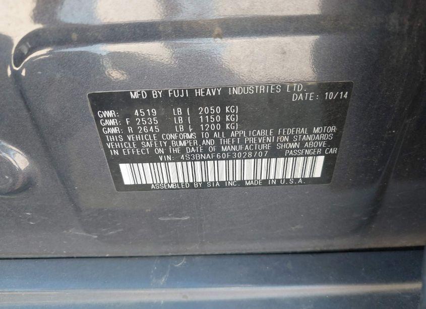 Photo 9 of 2015 Subaru Legacy 2.5I PREMIUM (VIN 4S3BNAF60F3028707)