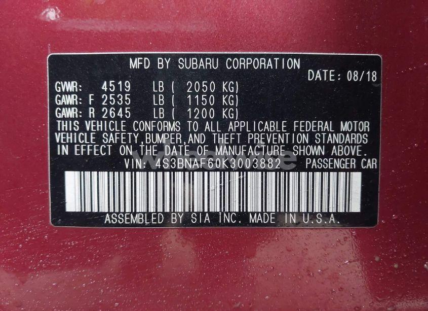 Photo 9 of 2019 Subaru Legacy 2.5I PREMIUM (VIN 4S3BNAF60K3003882)