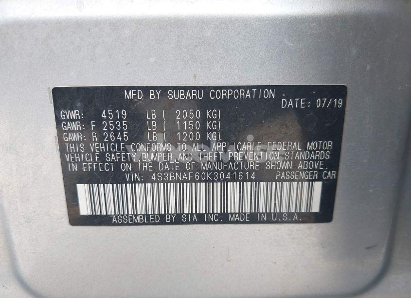 Photo 9 of 2019 Subaru Legacy 2.5I PREMIUM (VIN 4S3BNAF60K3041614)