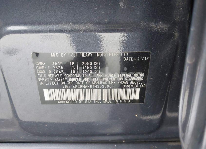 Photo 9 of 2017 Subaru Legacy 2.5I PREMIUM (VIN 4S3BNAF61H3038004)