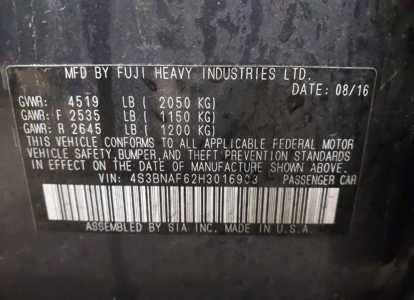 Photo 9 of 2017 Subaru Legacy 2.5I PREMIUM (VIN 4S3BNAF62H3016903)