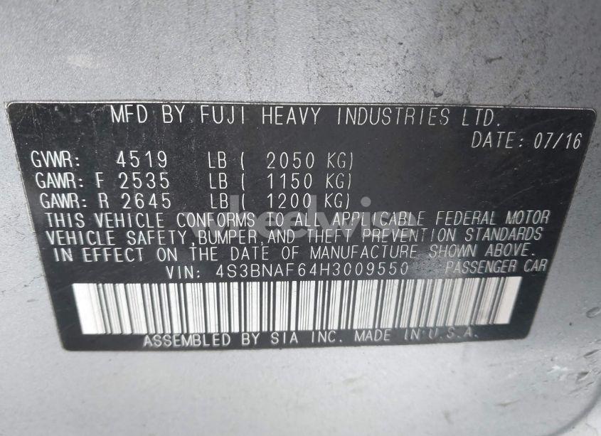 Photo 9 of 2017 Subaru Legacy 2.5I PREMIUM (VIN 4S3BNAF64H3009550)