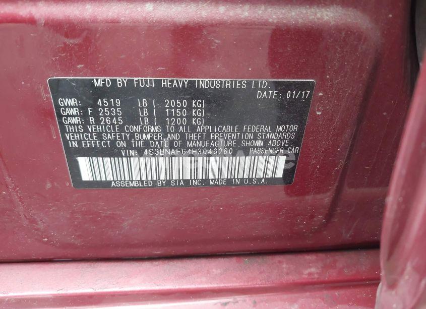 Photo 9 of 2017 Subaru Legacy 2.5I PREMIUM (VIN 4S3BNAF64H3046260)