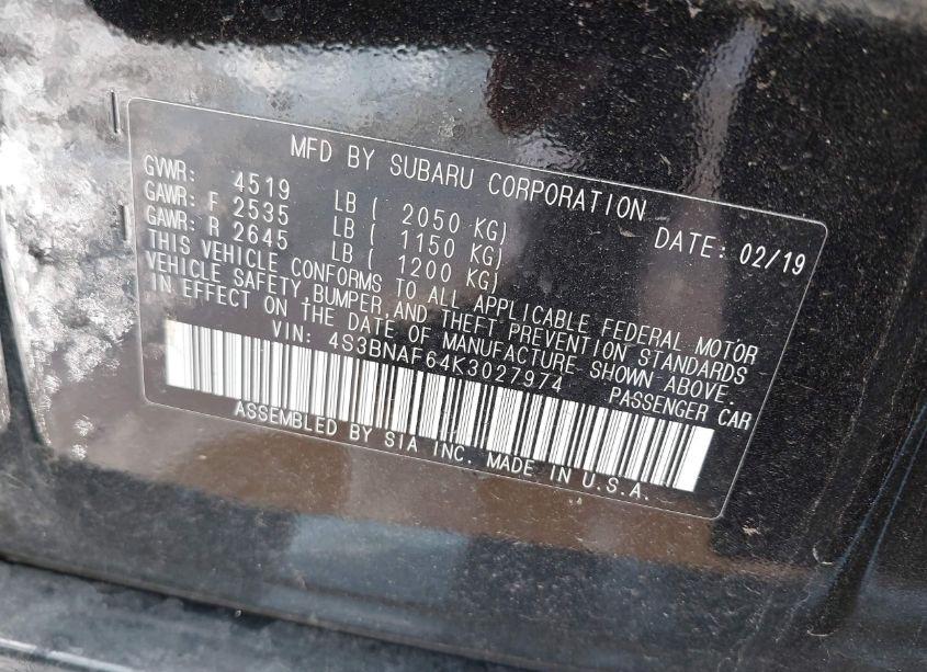 Photo 9 of 2019 Subaru Legacy 2.5I PREMIUM (VIN 4S3BNAF64K3027974)