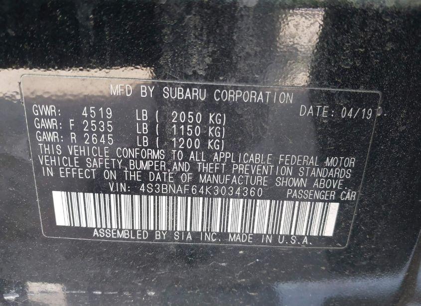 Photo 9 of 2019 Subaru Legacy 2.5I PREMIUM (VIN 4S3BNAF64K3034360)