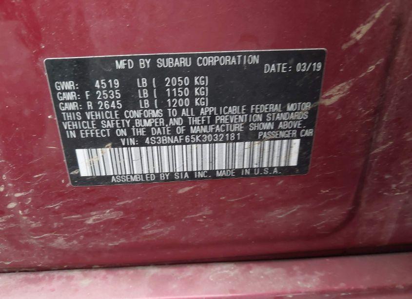 Photo 9 of 2019 Subaru Legacy 2.5I PREMIUM (VIN 4S3BNAF65K3032181)