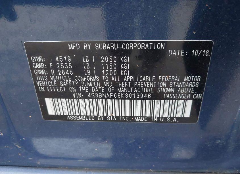 Photo 9 of 2019 Subaru Legacy 2.5I PREMIUM (VIN 4S3BNAF66K3013946)