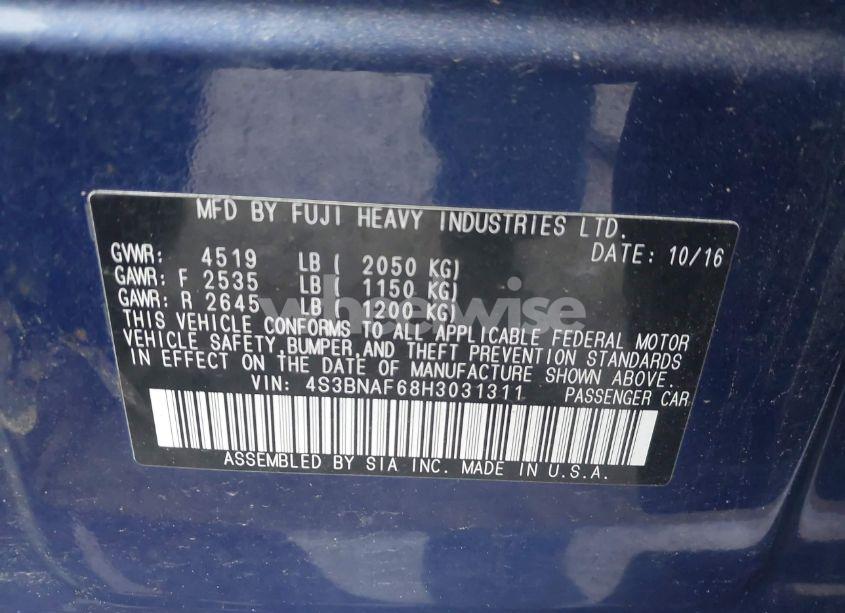 Photo 9 of 2017 Subaru Legacy 2.5I PREMIUM (VIN 4S3BNAF68H3031311)