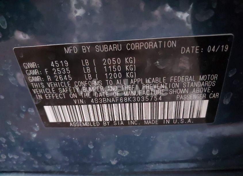 Photo 9 of 2019 Subaru Legacy 2.5I PREMIUM (VIN 4S3BNAF68K3035754)