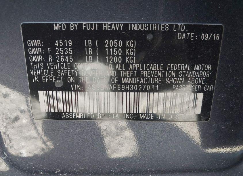 Photo 9 of 2017 Subaru Legacy 2.5I PREMIUM (VIN 4S3BNAF69H3027011)