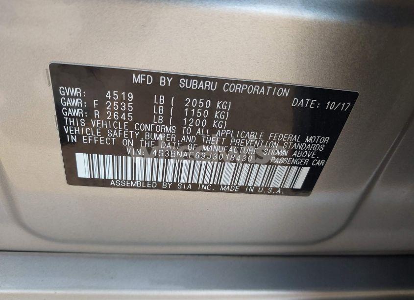 Photo 9 of 2018 Subaru Legacy 2.5I PREMIUM (VIN 4S3BNAF69J3018430)
