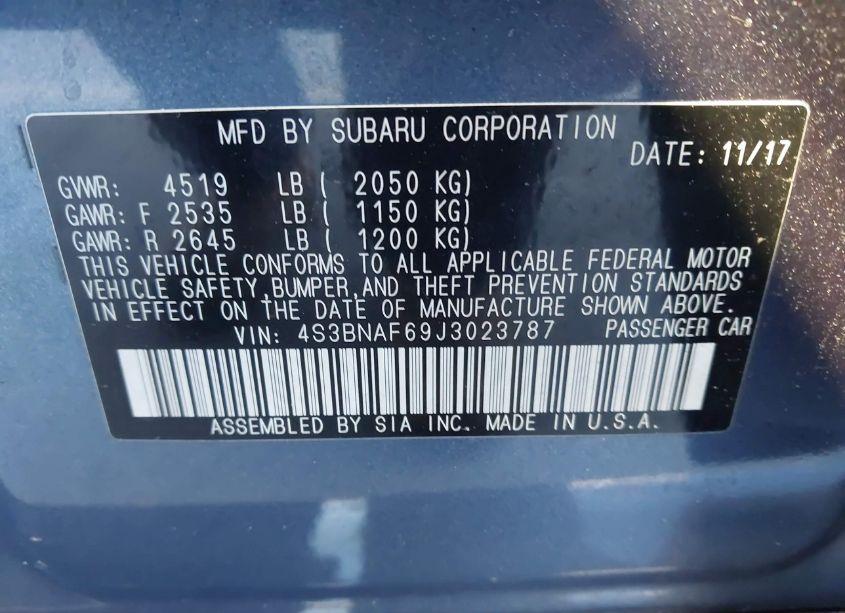Photo 9 of 2018 Subaru Legacy 2.5I PREMIUM (VIN 4S3BNAF69J3023787)