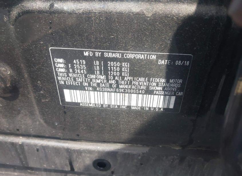 Photo 9 of 2019 Subaru Legacy 2.5I PREMIUM (VIN 4S3BNAF69K3006540)