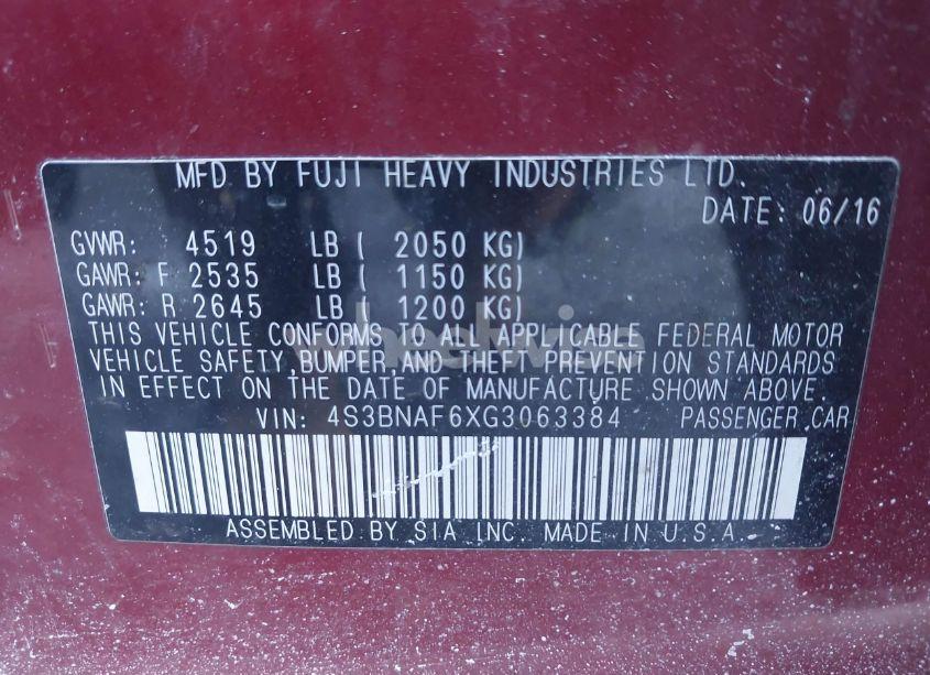 Photo 9 of 2016 Subaru Legacy 2.5I PREMIUM (VIN 4S3BNAF6XG3063384)