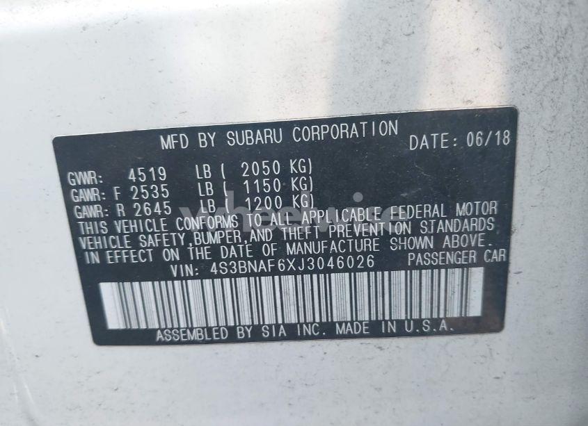 Photo 9 of 2018 Subaru Legacy 2.5I PREMIUM (VIN 4S3BNAF6XJ3046026)