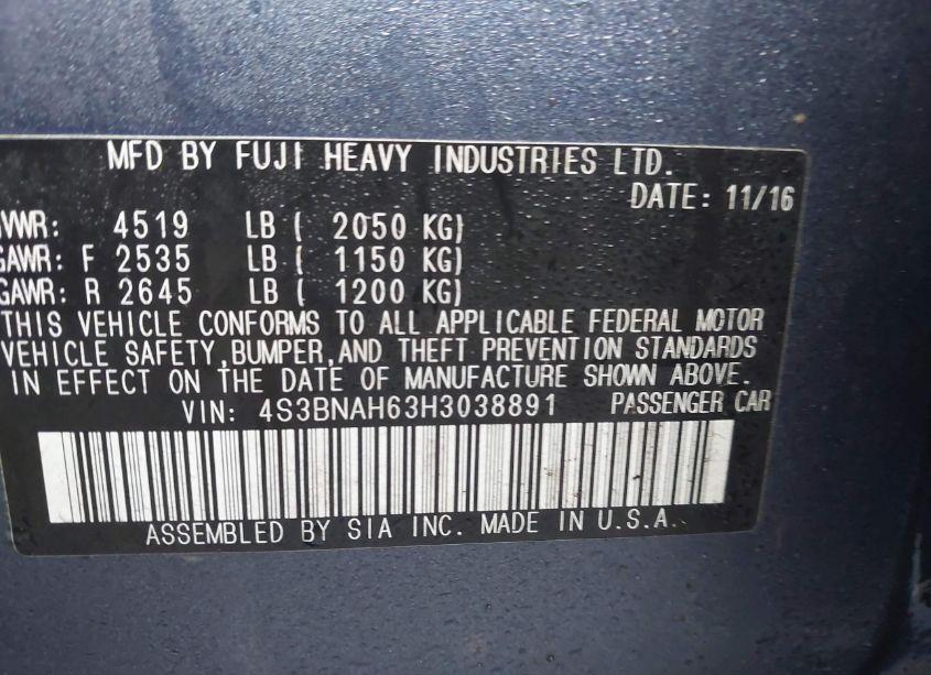 Photo 9 of 2017 Subaru Legacy 2.5I PREMIUM (VIN 4S3BNAH63H3038891)