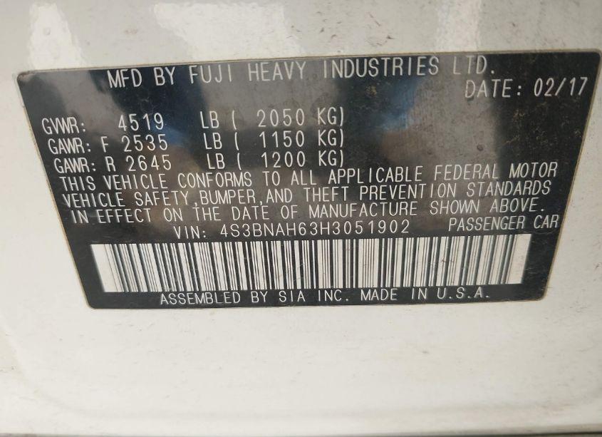 Photo 9 of 2017 Subaru Legacy 2.5I PREMIUM (VIN 4S3BNAH63H3051902)