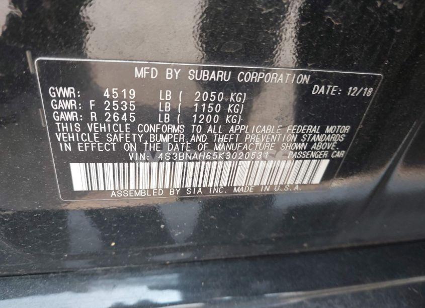 Photo 9 of 2019 Subaru Legacy 2.5I PREMIUM (VIN 4S3BNAH65K3020531)