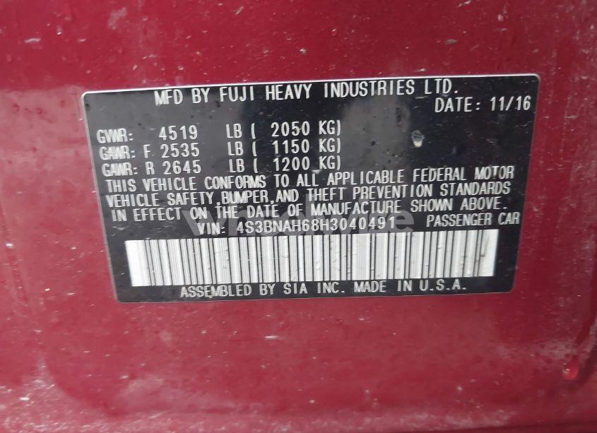 Photo 9 of 2017 Subaru Legacy 2.5I PREMIUM (VIN 4S3BNAH68H3040491)