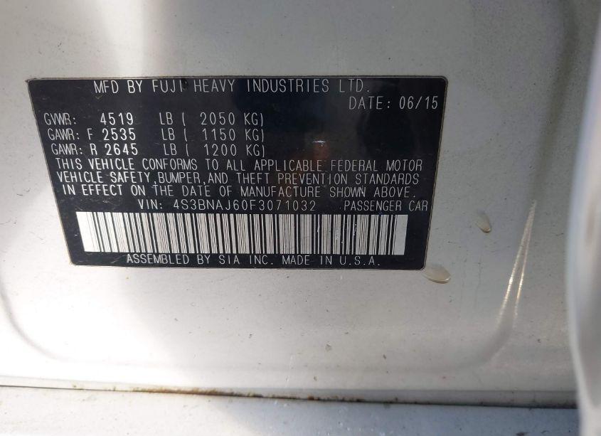 Photo 9 of 2015 Subaru Legacy 2.5I LIMITED (VIN 4S3BNAJ60F3071032)