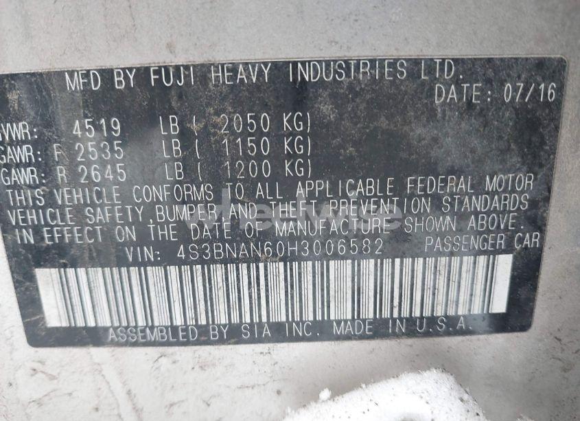 Photo 9 of 2017 Subaru Legacy 2.5I LIMITED (VIN 4S3BNAN60H3006582)