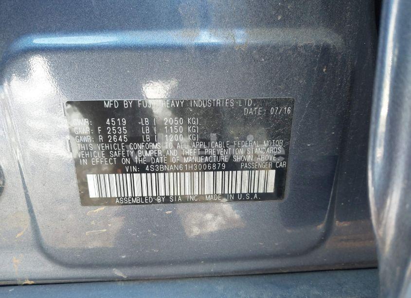 Photo 9 of 2017 Subaru Legacy 2.5I LIMITED (VIN 4S3BNAN61H3006879)