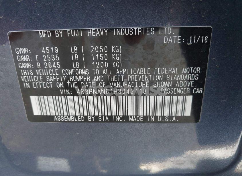 Photo 9 of 2017 Subaru Legacy 2.5I LIMITED (VIN 4S3BNAN61H3042118)