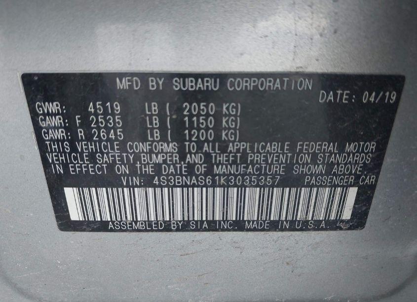 Photo 9 of 2019 Subaru Legacy 2.5I SPORT (VIN 4S3BNAS61K3035357)