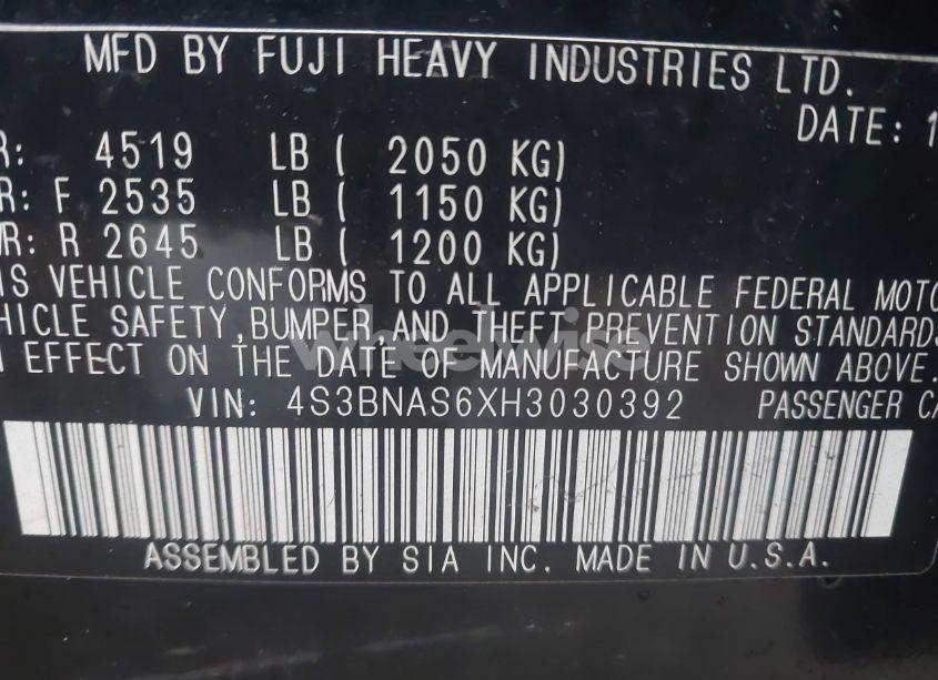 Photo 9 of 2017 Subaru Legacy 2.5I SPORT (VIN 4S3BNAS6XH3030392)