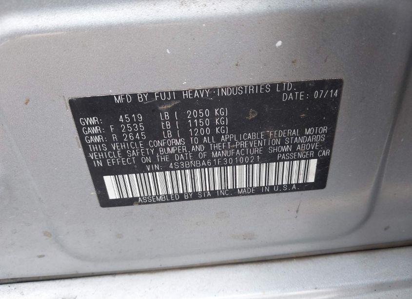 Photo 9 of 2015 Subaru Legacy 2.5I (VIN 4S3BNBA61F3010021)