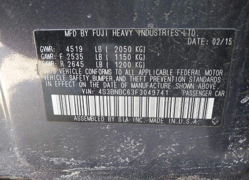 Photo 9 of 2015 Subaru Legacy 2.5I PREMIUM (VIN 4S3BNBC63F3049741)