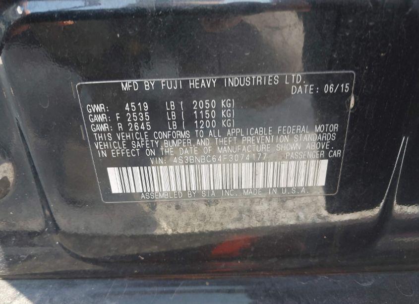 Photo 9 of 2015 Subaru Legacy 2.5I PREMIUM (VIN 4S3BNBC64F3074177)